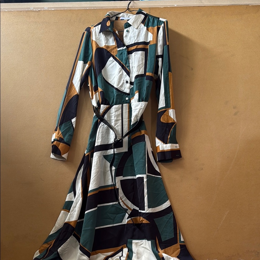 Mango Blue and Black Long Sleeve Notched Collar Dress